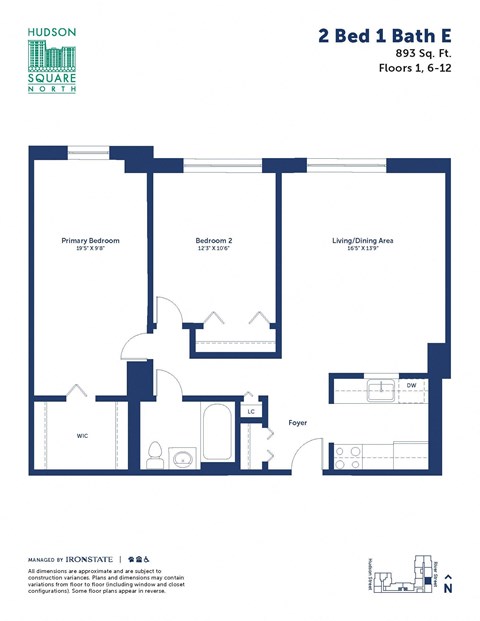 Floor plan for 2 beds, 1 bath, 893 sqft